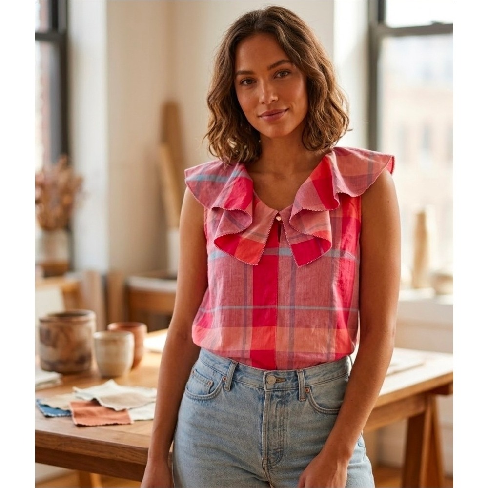 Isabella Sinclair Pink Plaid Ruffle Collar Sleeveless Cotton Top Shirt Small